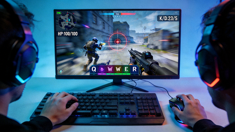 电竞高手第一视角游戏画面，展示精细的操作与界面设置